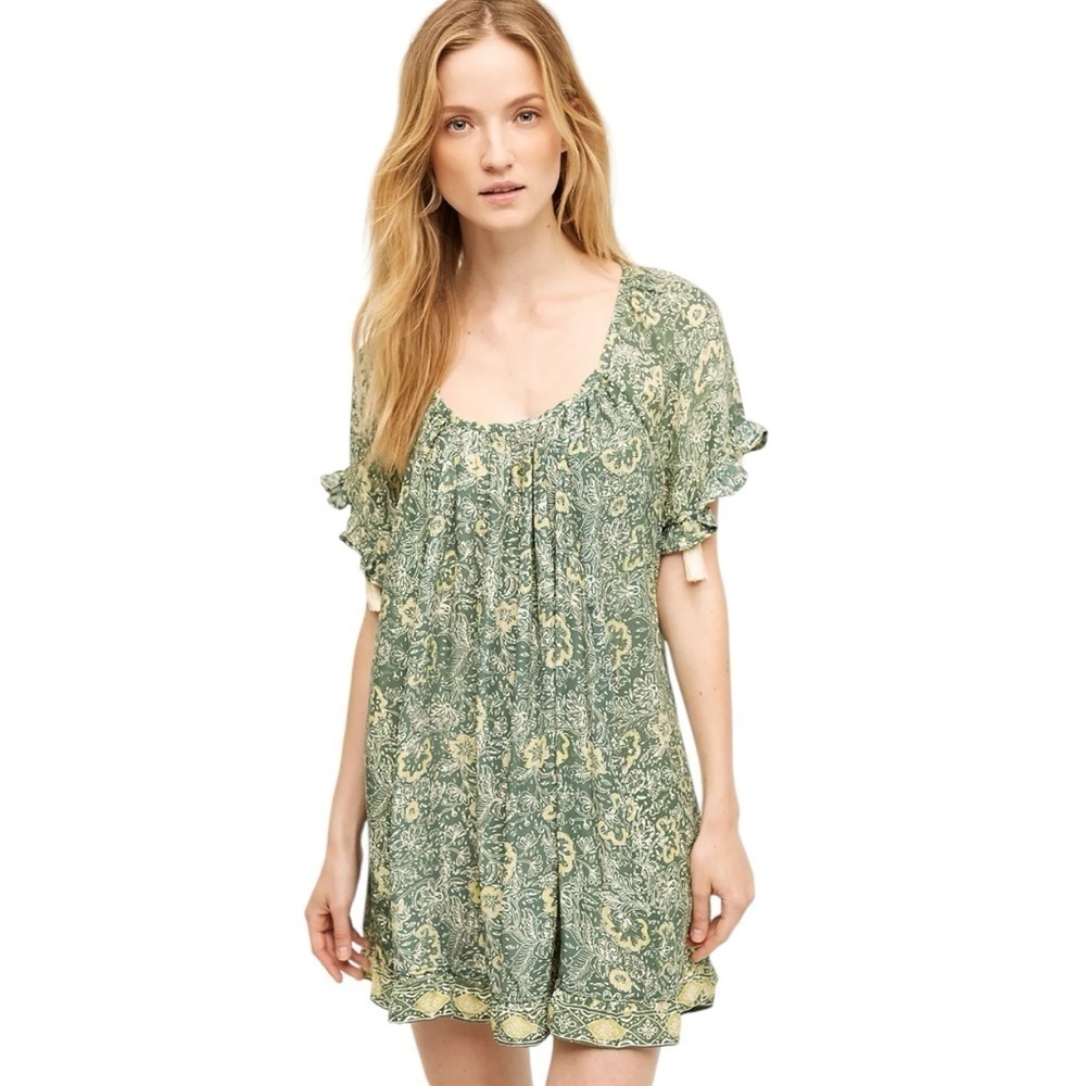 Anthropologie Marina Silk Chemise Green Floral Printed Dress Size XS\S
